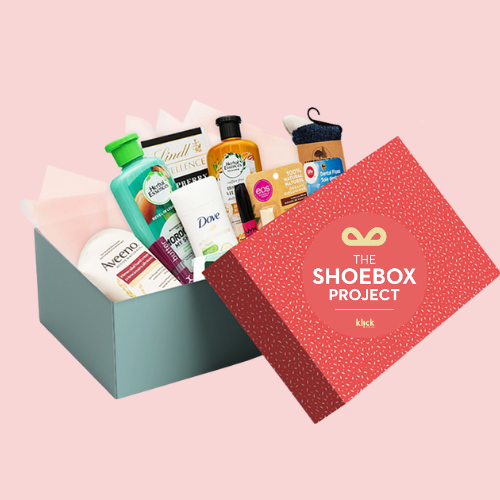 Shoebox full of women's products for donation